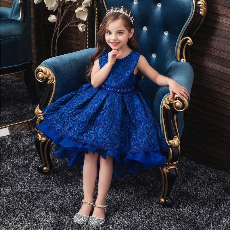 HIHCBF Flower Girls High Low Lace Dress Princess Wedding Pageant Birthday Christmas Party Formal Evening Dance Ball Gown Royal Blue 4-5T - Image 3